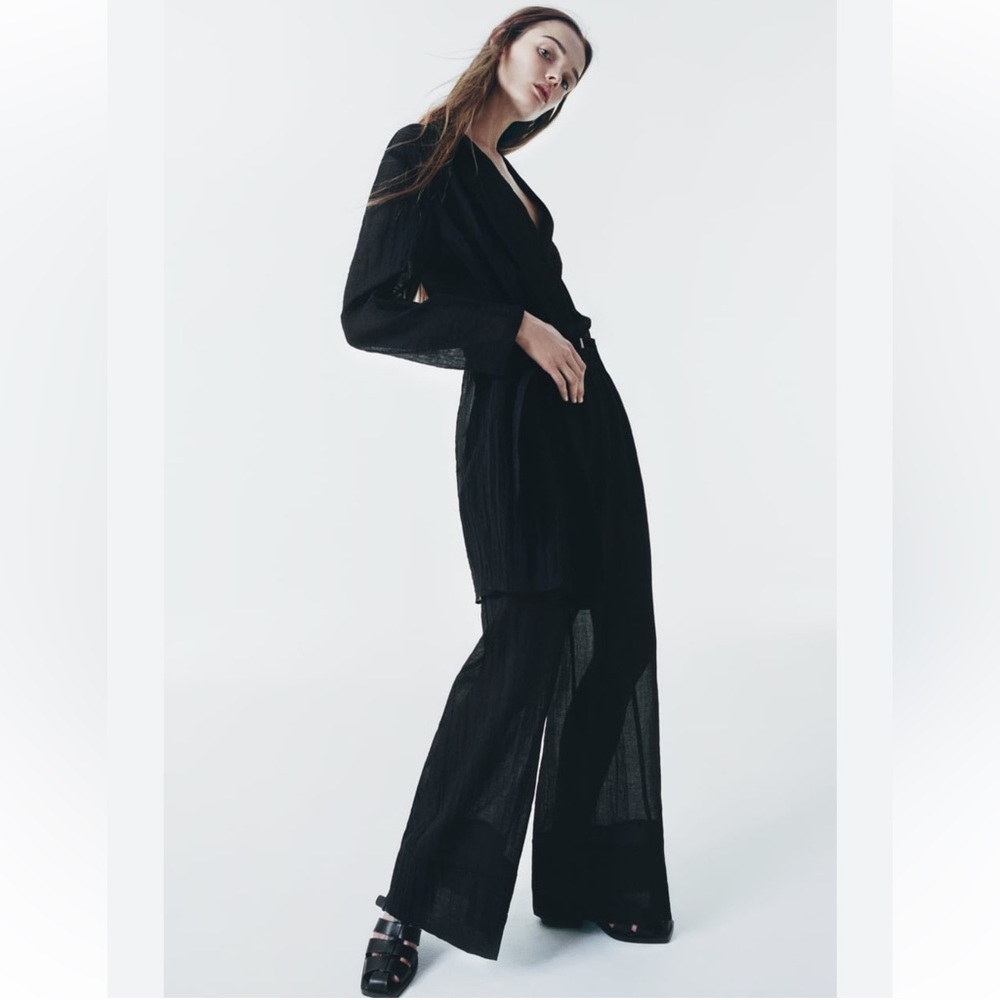 Zara Black Semi-sheer Minimalist Belted Blouse Relaxed long sleeves belt XS NWT - Picture 12 of 16